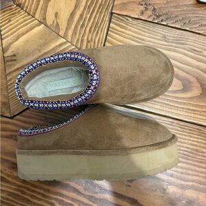 Madden Girl Brown Suede Mules with Embroidered Trim